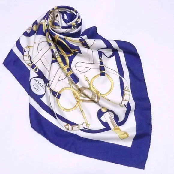 Auth HERMES Carre 90 Sellier Eperon d'Or Scarf Blue/White/Multicolor - Picture 5 of 12